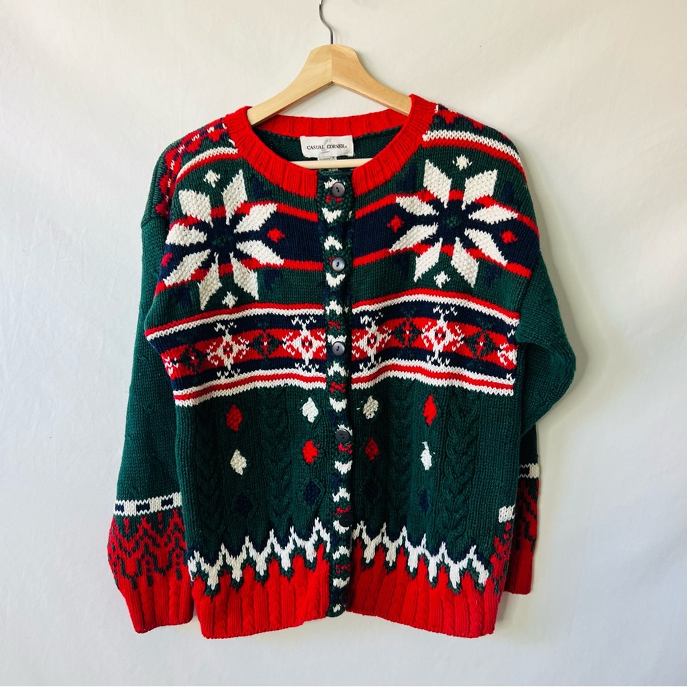 Vintage 90s Ski / Snowflake Holiday Red and Green Cardigan by Casual Corner - Picture 2 of 10